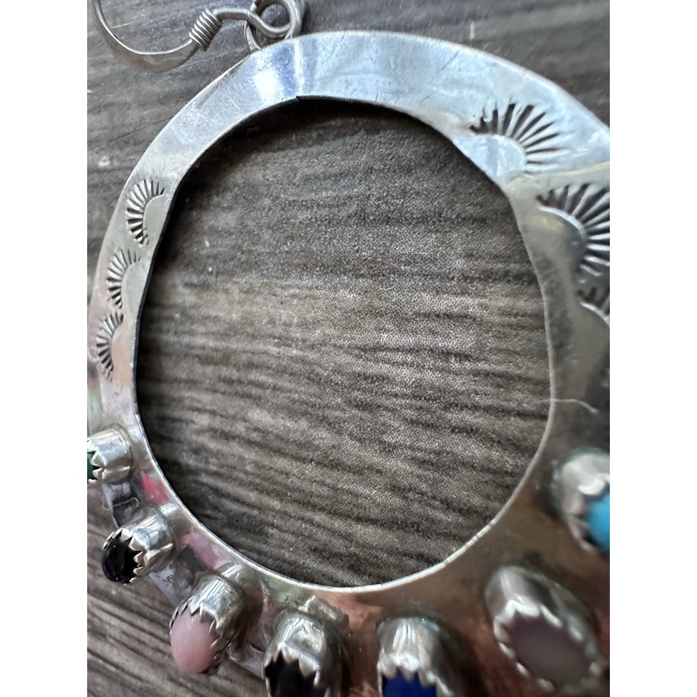 Navajo Sterling Silver Multi Stone Large Hoop Earrings Signed AJ - Picture 12 of 16
